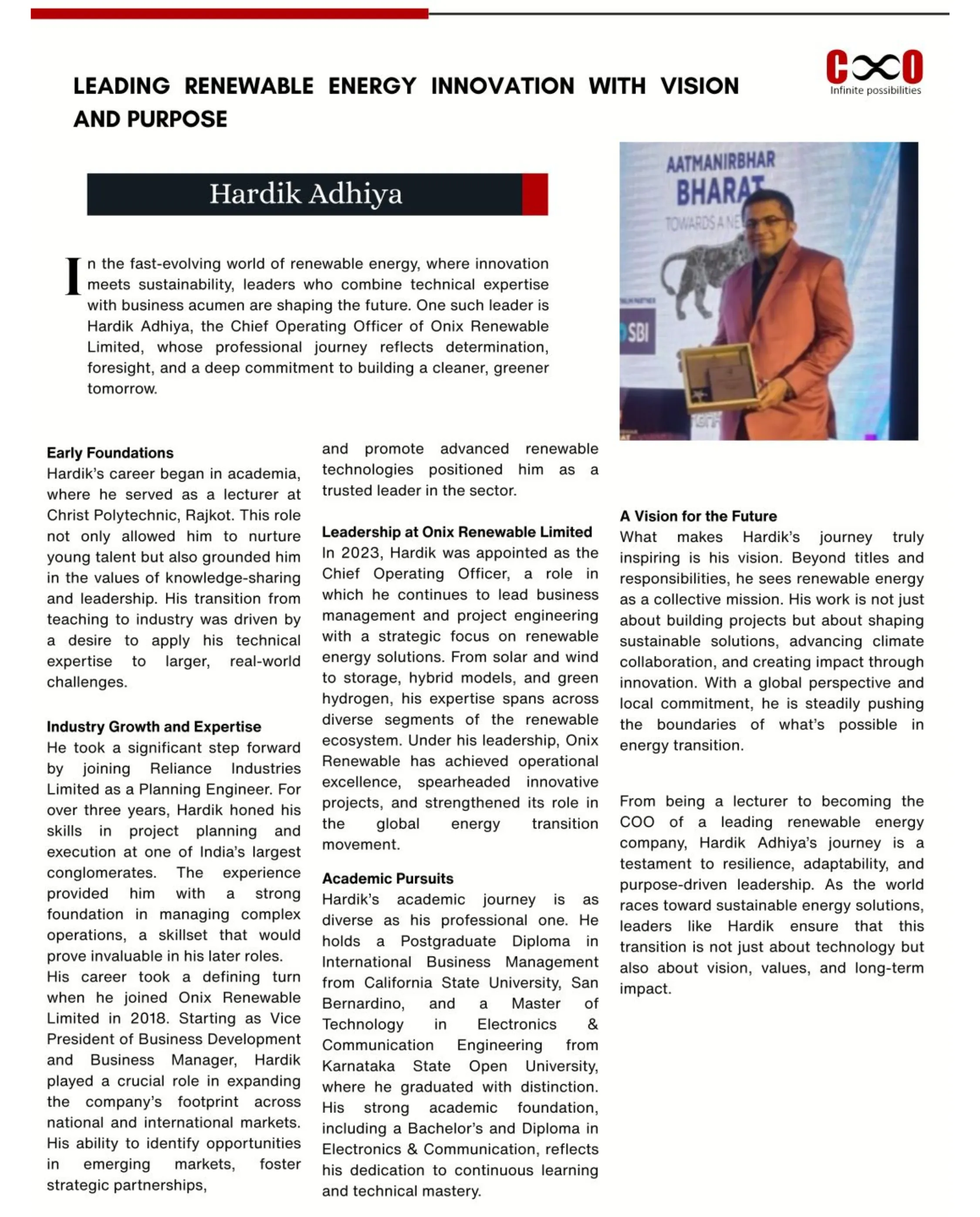 Hardik Adhiya: Driving the Future of Renewable Energy with Visionary Leadership at Onix Renewable